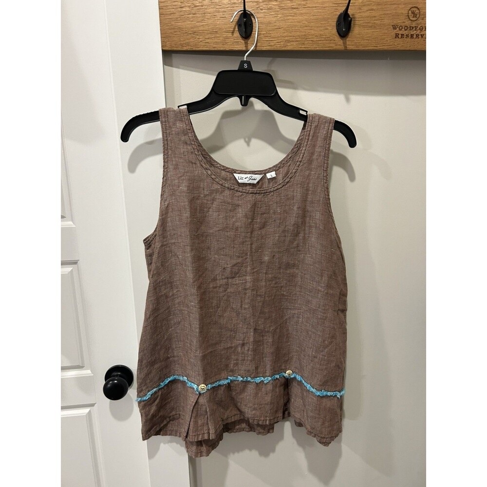 Liz & Jane Linen Tank Top Women’s Size Large Brown Turquoise Fringe Lagenlook